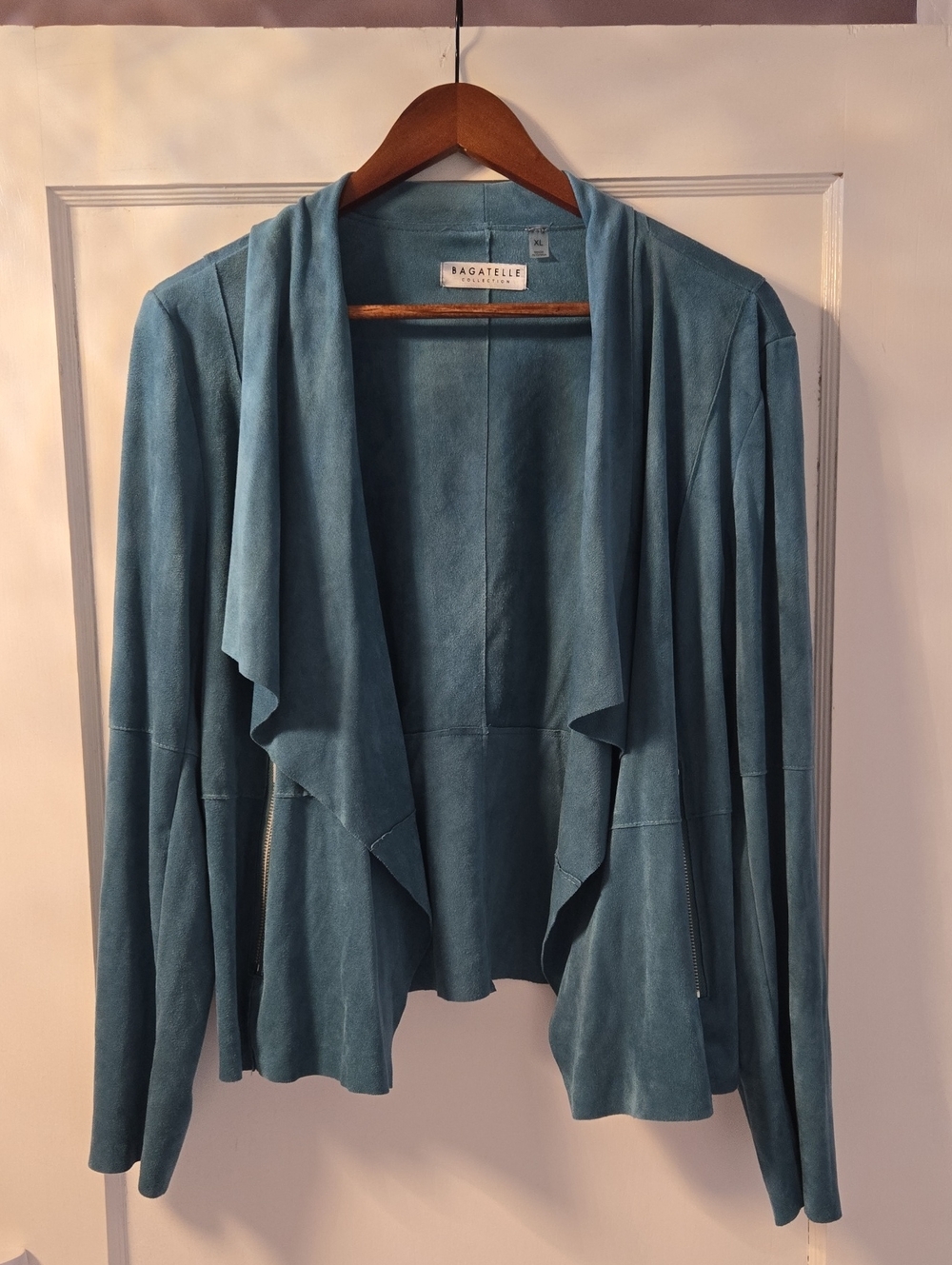 bagatelle Teal Draped Suede Open-Front Jacket